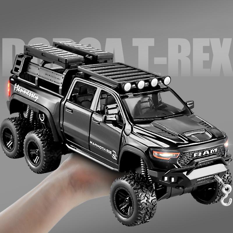 1/32 Dodge RAM 1500 TRX 6X6 Tyrannosaurus Rex Picku Alloy Car Model Sound and Light Children's Toy Collectibles Birthday Gift