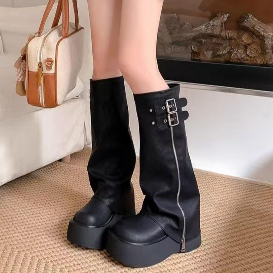 Women's 2025 Petite Retro Thick-Soled Martin Boots: Slimming Over-the-Knee Stacked Long Boots for Autumn/Winter