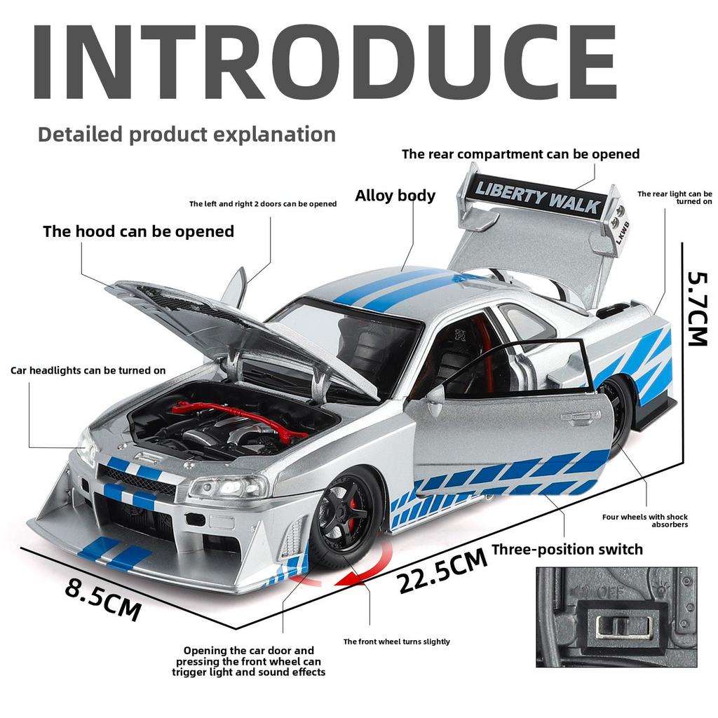 1:24 Skyline Gtr Modificado Supercoche Metal de Aleación Modelo de Coche Fundición a Presión Sonido y Luz Colección de Modelo de Hobby Adorno de Moda Regalo