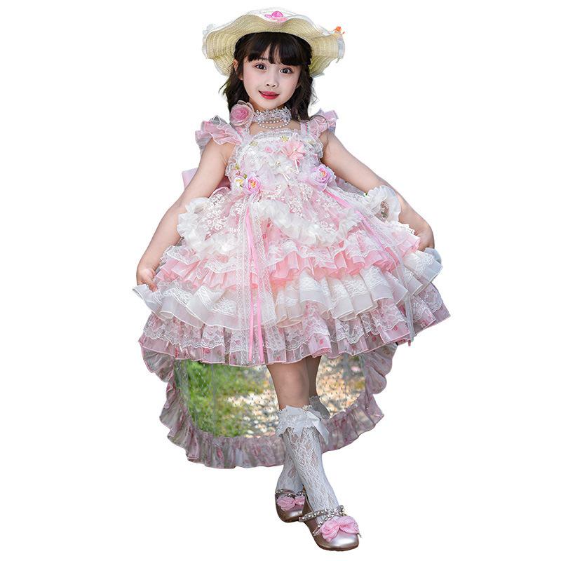 Girls' Pink Lolita Princess Dress - Summer Floral Birthday Gown