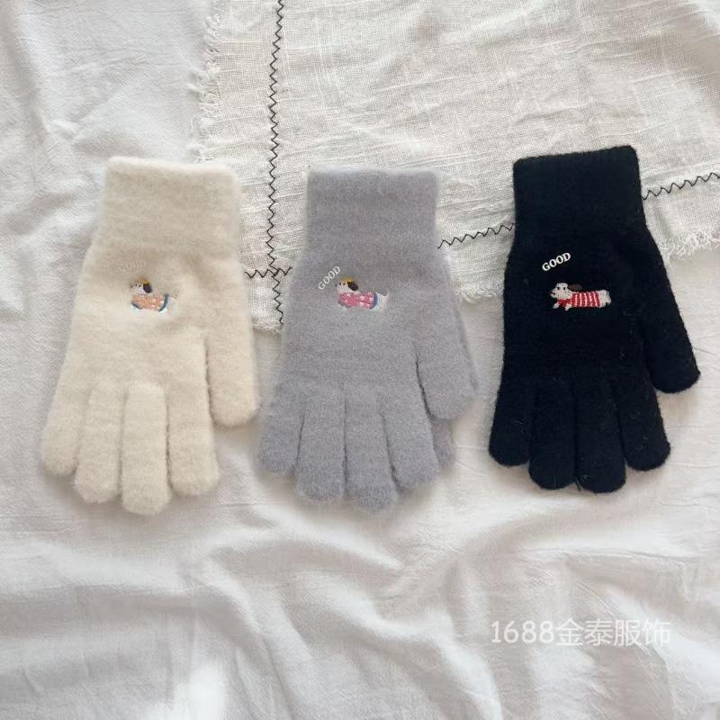 Oood Cartoon Dachshund All-finger Gloves Autumn and Winter New Warm and Fleece Windproof Five-finger Gloves