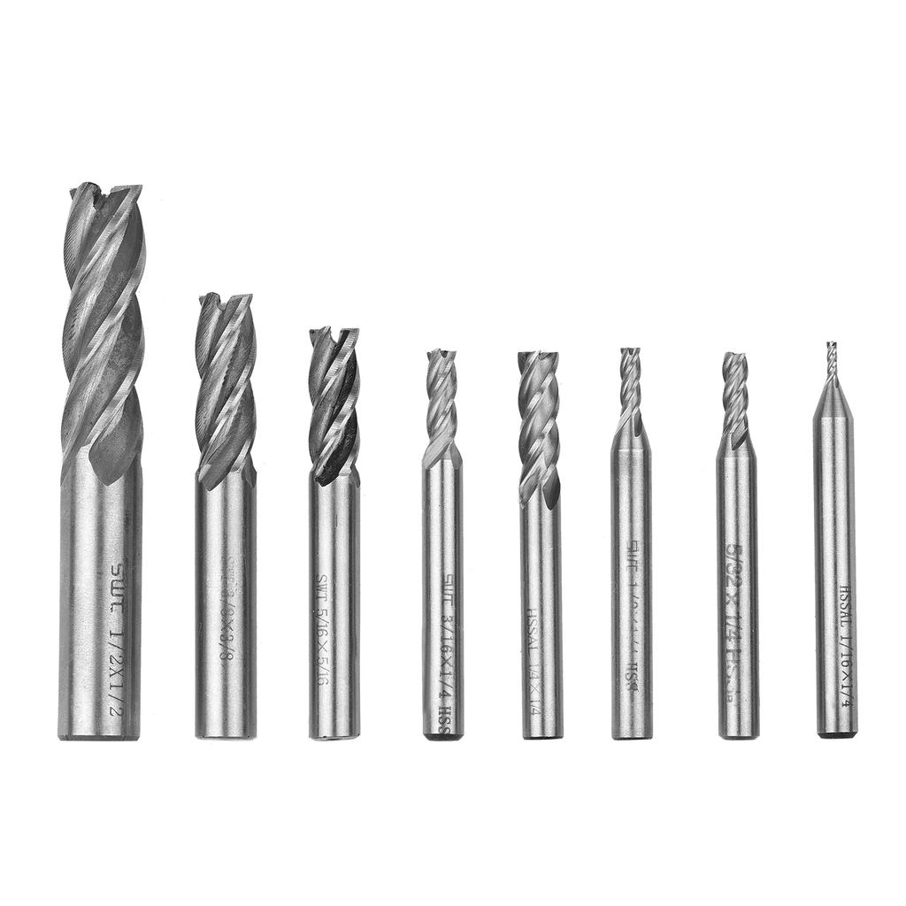 8pcs Solid Milling End Cutter Drill Bits 1 16 1 2 4 Flute High Speed Steel End Mill Set HSS Slot Tool Set HSS CNC