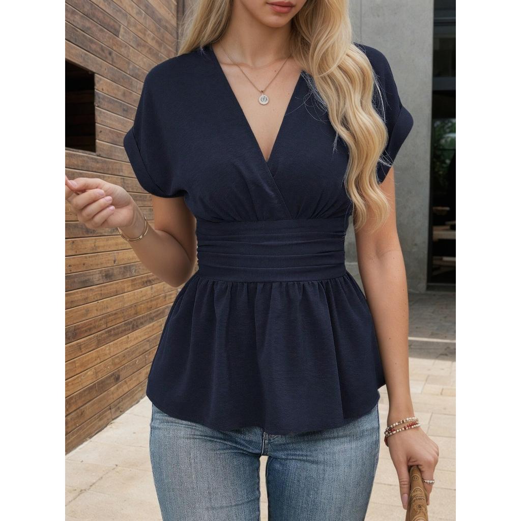 Summer Women's Solid Color V-neck Waist Gathered Pleated T-shirt Short Sleeve Casual Top