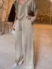Women's Blue Satin V-Neck Blouse with Wide Leg Pants Set, Casual Elegant Outfit
