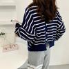 Back Slit Retro Short Section Round Neck Pullover Striped Sweater Female Thick Section Loose Round Neck Knitted Bottoming Shirt Outer Wear