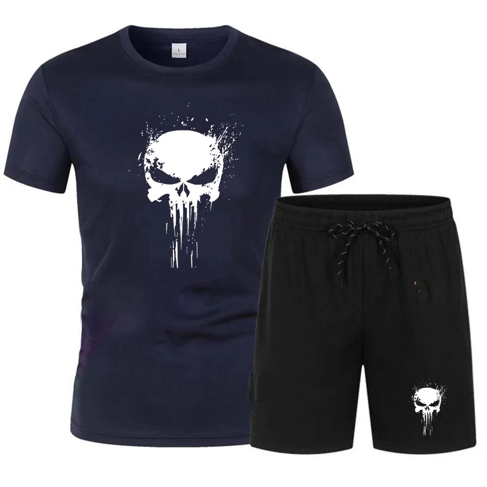 

Чоловічий спортивний одяг з принтом черепа, футболка з короткими рукавами та шорти, комплект спортивного одягу з двох частин для їзди на велосипеді та бігу 4XL