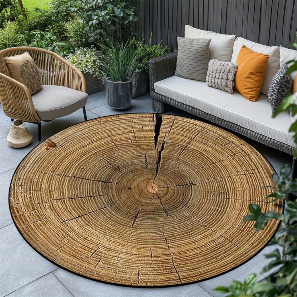 Tappeto Rotondo in Flanella con Venature del Legno e Anelli degli Alberi, Rustico, per Esterno, Patio, Giardino, Balcone, Tappetino per Pavimento, Texture Naturale, Decorazione Ecologica