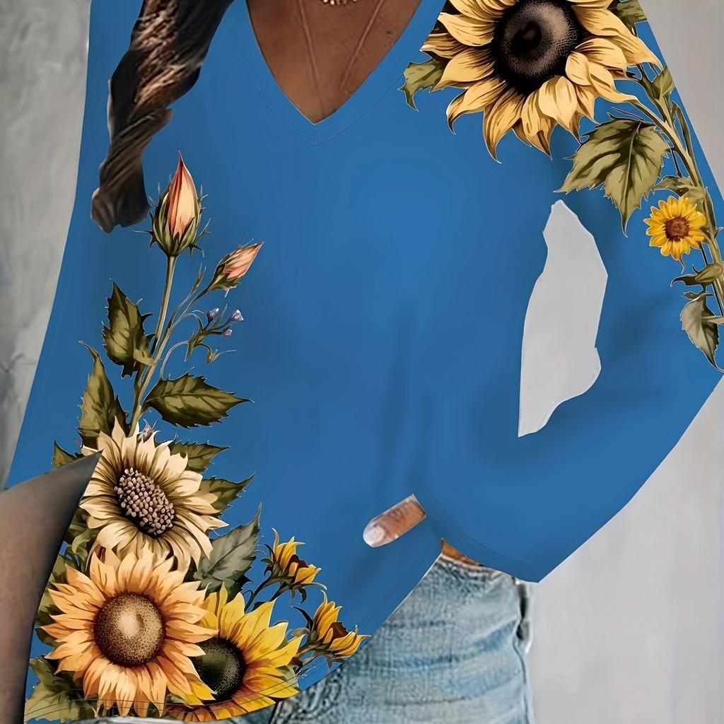 Sunflower Print Long Sleeve V Neck T-shirt T-shirts with Casual Style for Spring Comfortable Women's