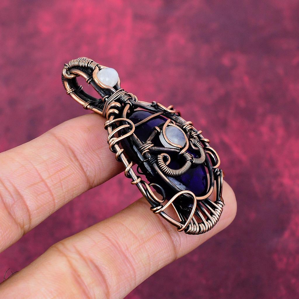 Evil Eye Purple Fire Labradorite Pendant Copper Wire Wrapped Moonstone Jewelry