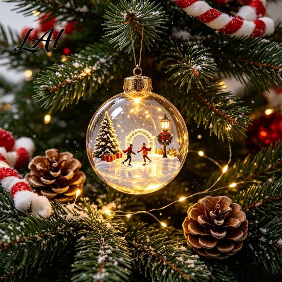 3D Winter Scene Baubles Glowing Christmas Story Ornament Light-Up Ball with Warm LED Light Mini Holiday Acrylic Festive Tree in Clear Hanging