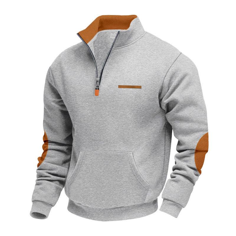 New Autumn/Winter Heavyweight Fleece-Lined Men's Patchwork Zipped Stand-Up Collar Sweatshirt for Outdoor Sports