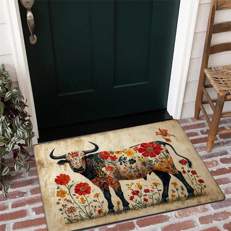 1pc Flannel Sponge 0.47inch Thick - Colorful Decorative Cow Pattern Washable Floor Area Mat, Floor Mat for Entrance, Kitchen, Li