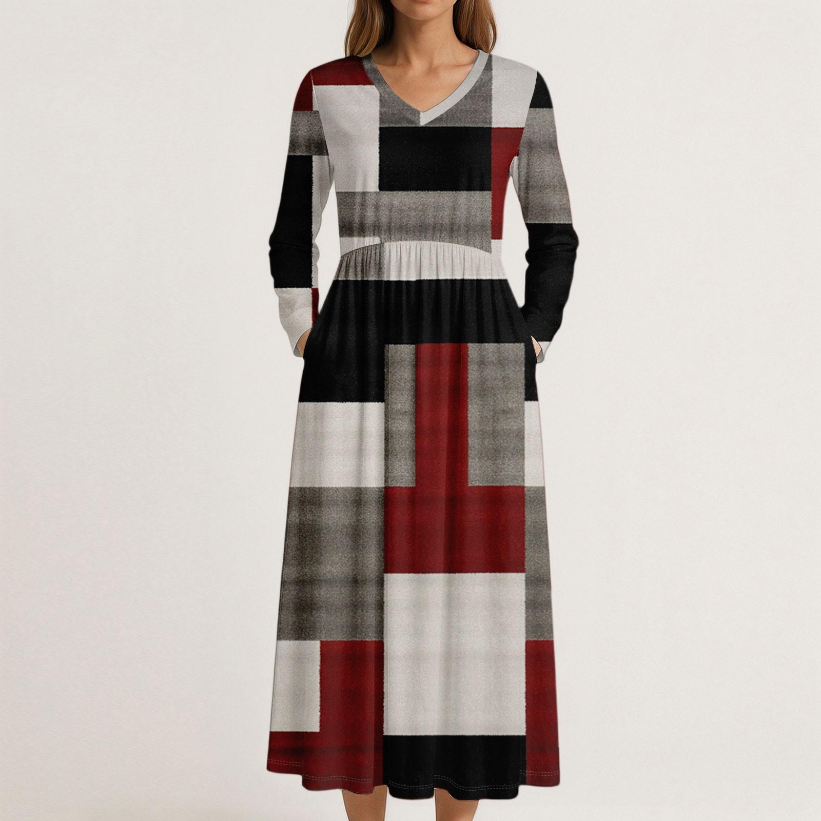 

Dress For Women Long Boho Beach Dress Elegant Maxi Dress V-Neck Long Sleeve Dress With Pockets XXL