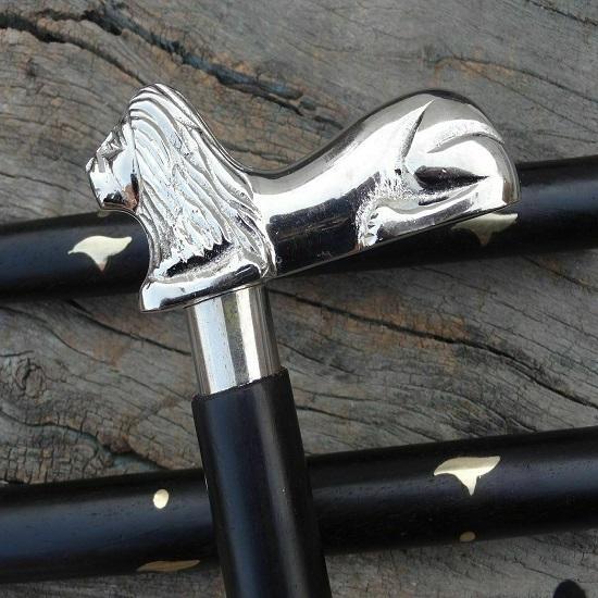 Style Lion In Brass Silver Head, Black Handle Victorian Wooden Walking Stick Cane