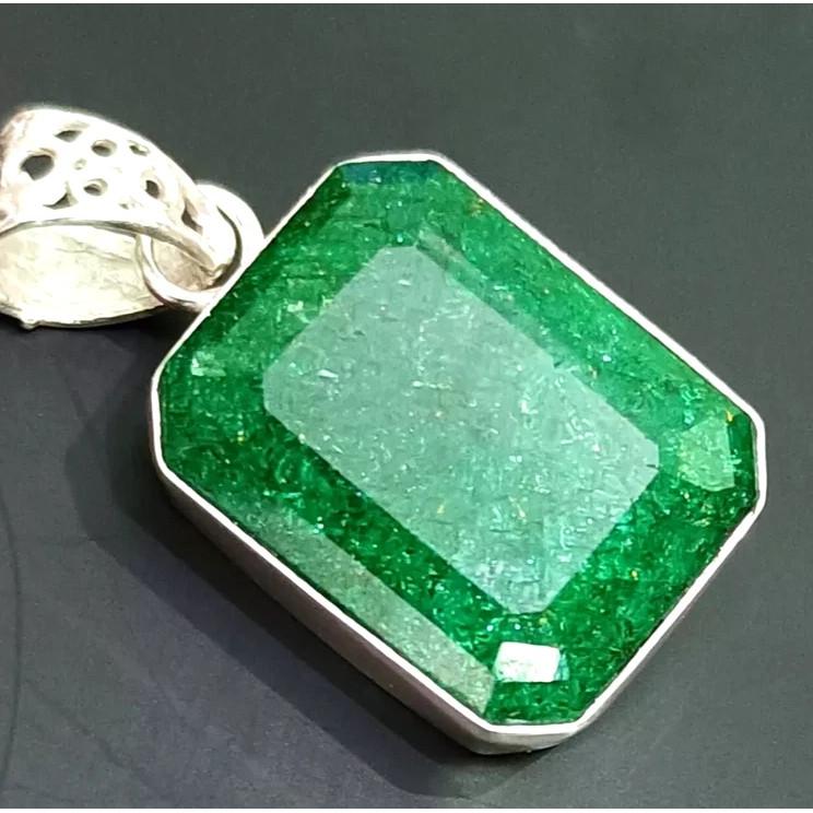 925 Sterling Silver 44 Ct Natural Green Emerald CERTIFIED Emerald Gems Pendant NS-554