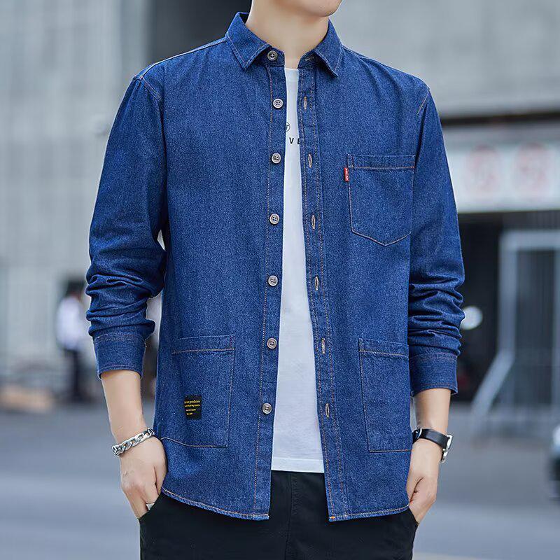 Men's Korean Style Retro Denim Long-Sleeve Shirt, Trendy Loose Casual Versatile Blue Workwear Top