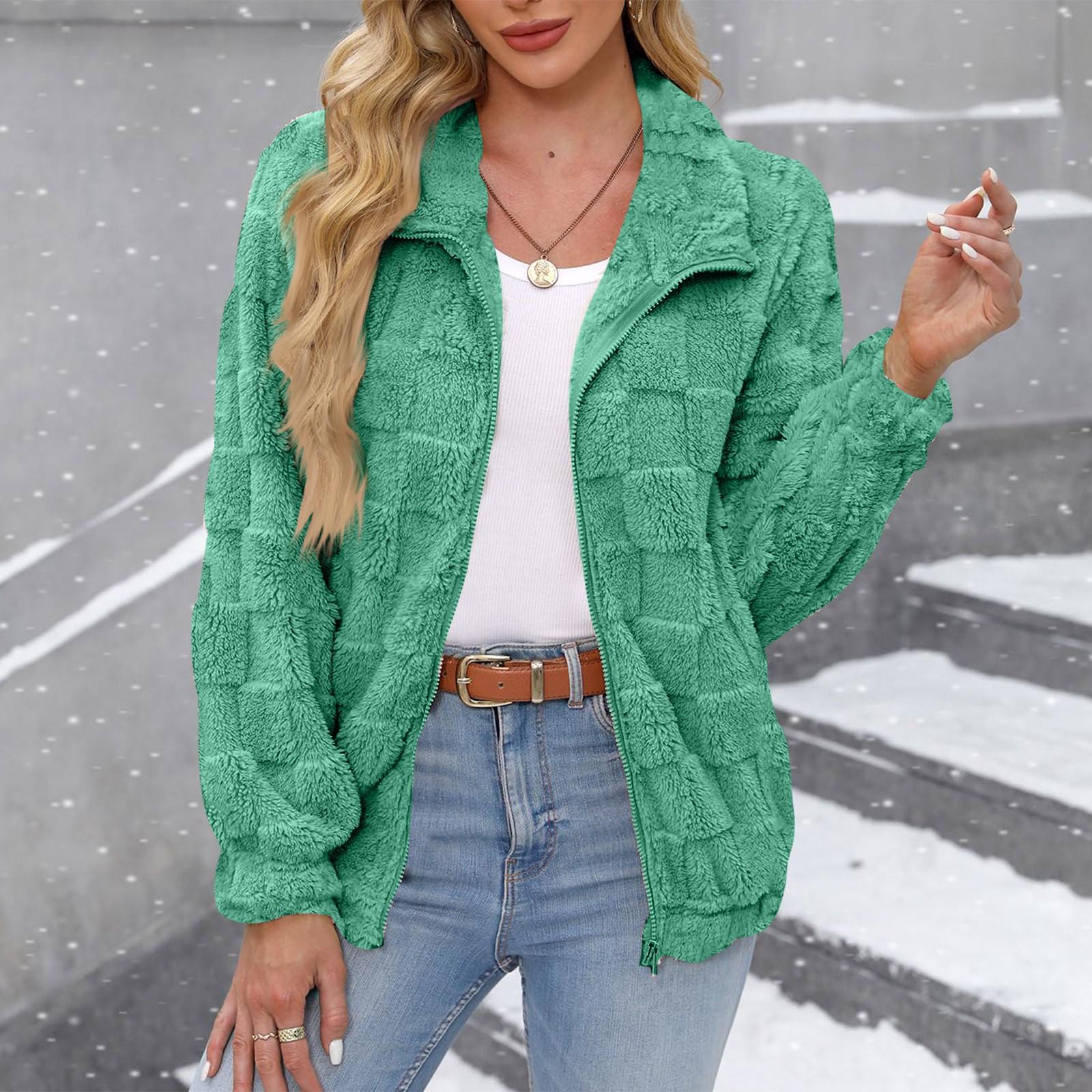 

Женская однотонная куртка с длинным рукавом и молнией, мягкая, теплая, плюшевая L зелёный