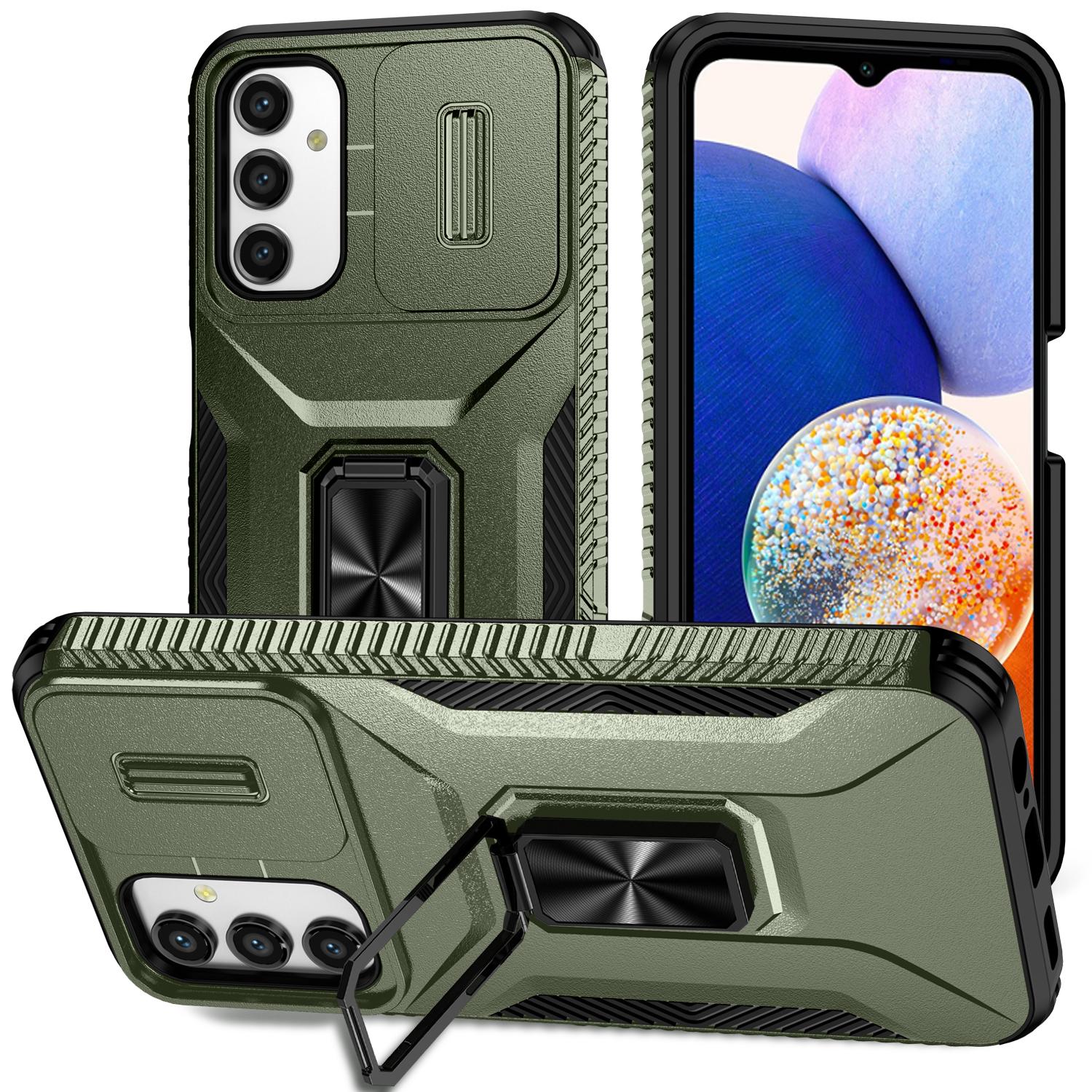 

For Samsung Galaxy A14 4G/5G Case Slide Lens Lid PC+TPU Phone Cover Kickstand Anti-drop Shell Green