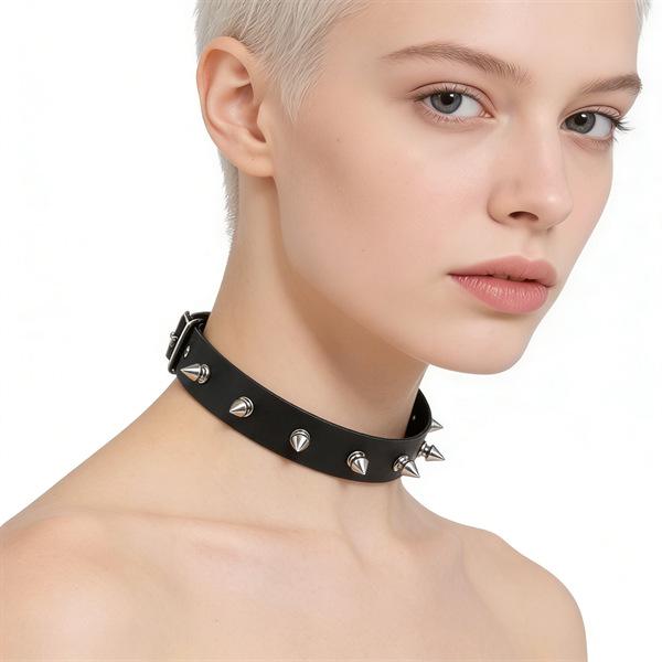 Unisex European Punk Black Leather Choker with Metal Chain and Lock Pendant.