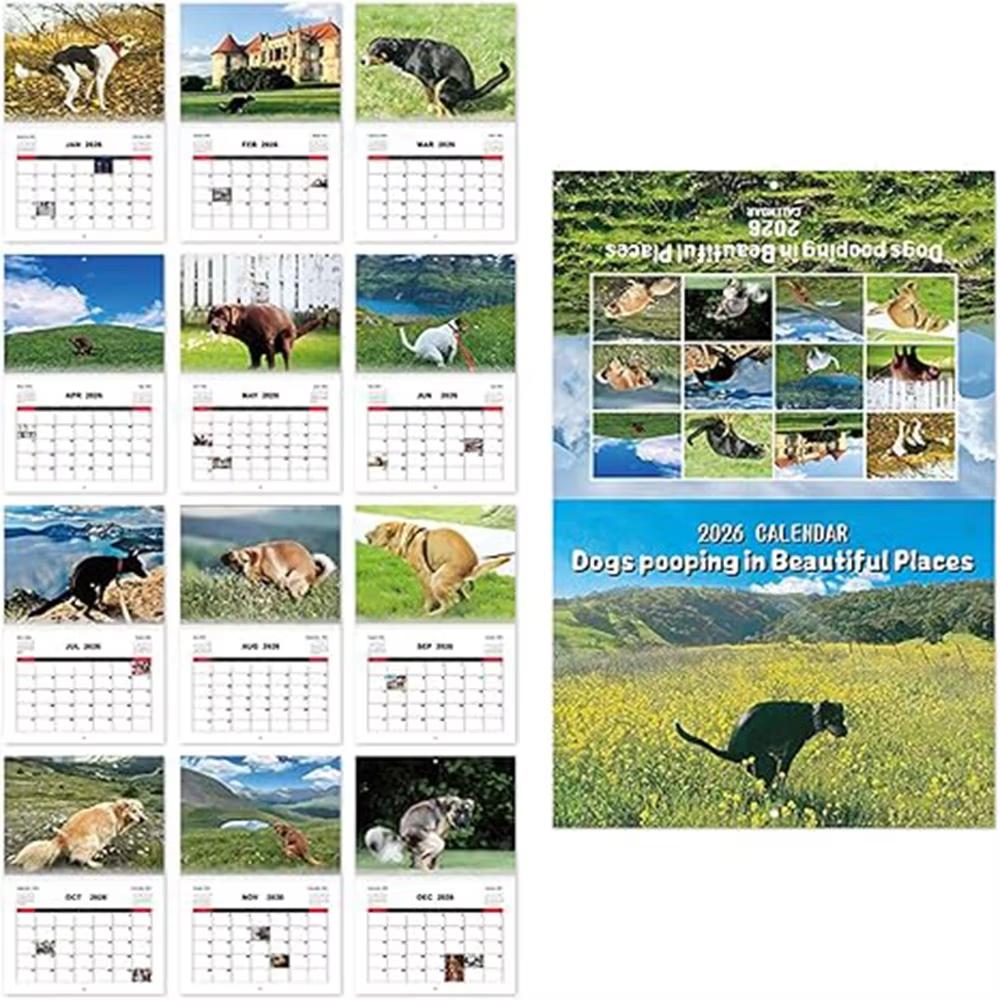 Roliga Hundar Kalender 2026 Bajsar på Vackra Platser Skämtpresenter Årlig Månadsplanerare & Dagboksschema Organiserare Väggkalender