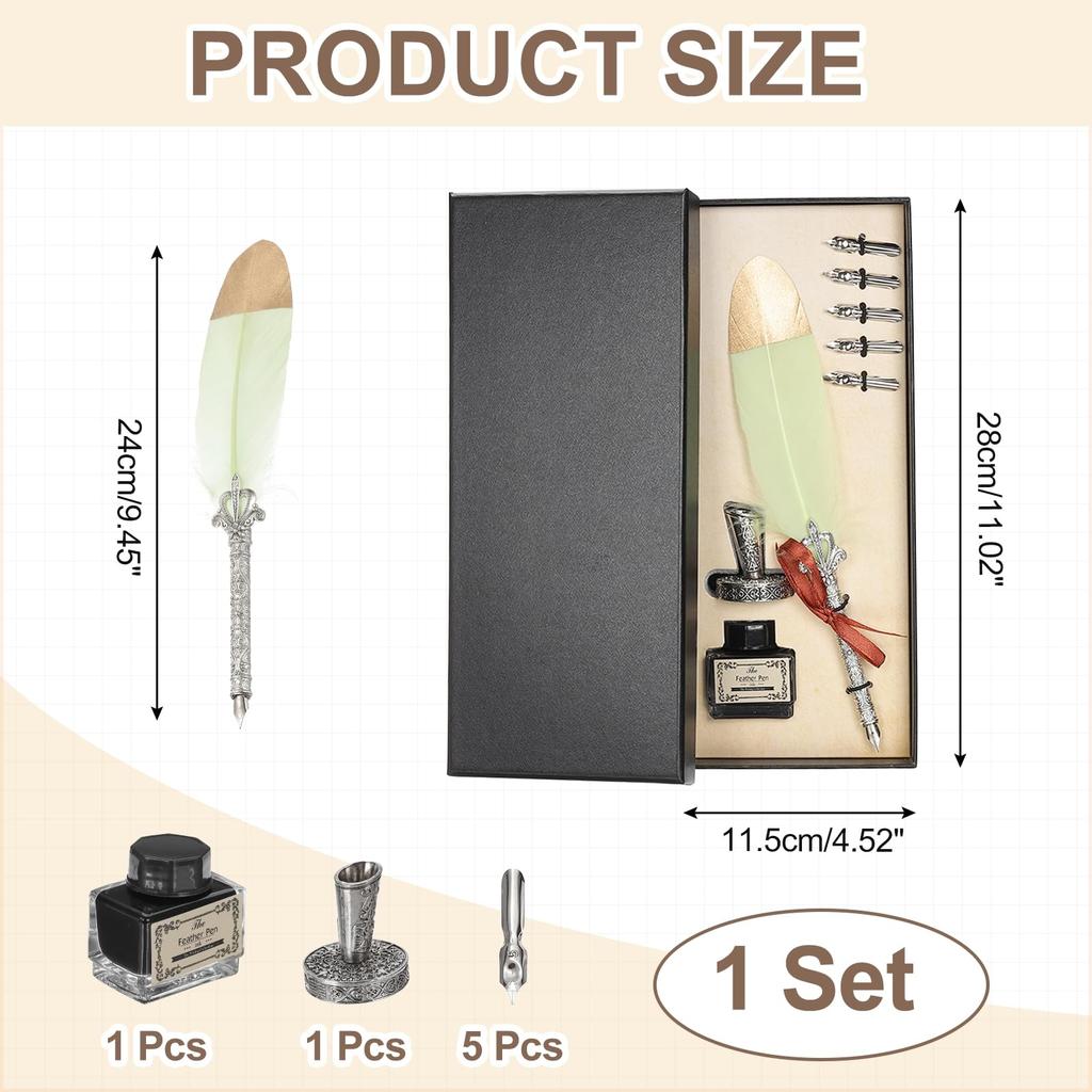 PATIKIL Feather Pen 1 Vintage Feather Calligraphy Fountain Dip Pen Pen Replacement Mint for Beginner Writing Gift Set, Set, Pen, Set, Ink, Holder,