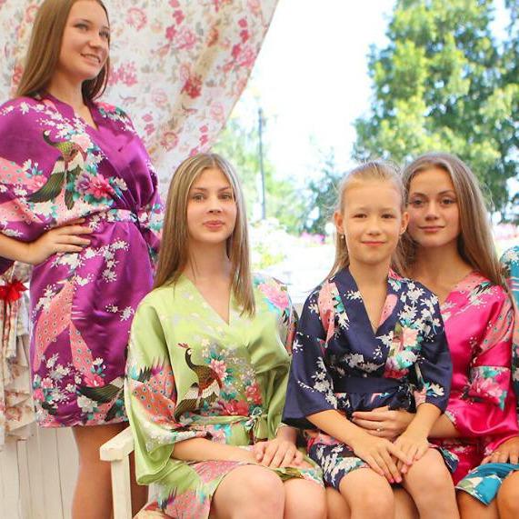 Girls' Silk Peacock Kimono Robe - Children's Nightgown Sleepwear Bathrobe