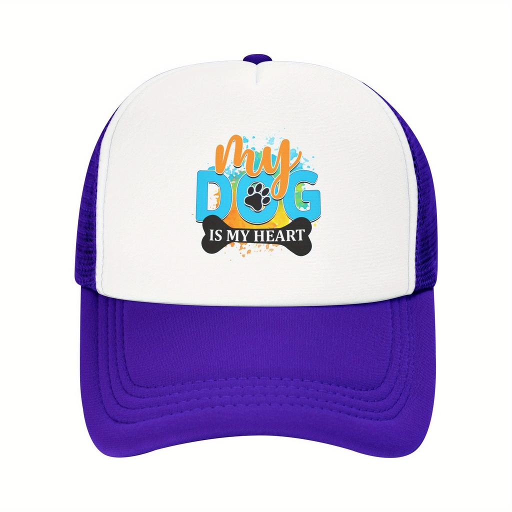 My Dog Is My Heart Paw Print Graphic Trucker Hat Polyester Breathable Casual Baseball Cap for Adults