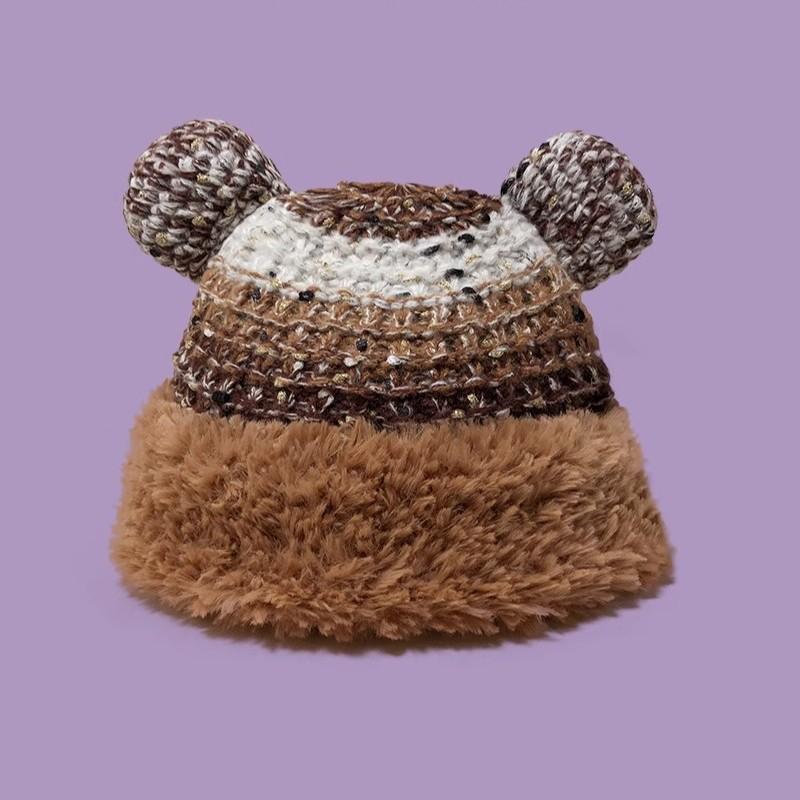 2025 Cute Bear Wool Hat Plush Warm Big Head Circumference Knitted Hat Headgear Season