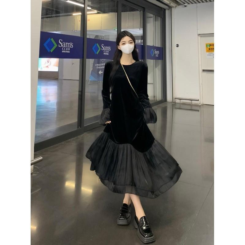 

Golden velvet dress women s autumn new round neck pullover waist thin splicing mesh yarn medium and long sleeve fishtail skirt XL чорний