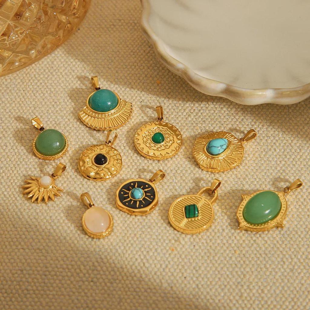 European & American Inspired Natural Stone Titanium Steel Pendant - Luxurious French Retro Stainless Steel DIY Jewelry Accessory