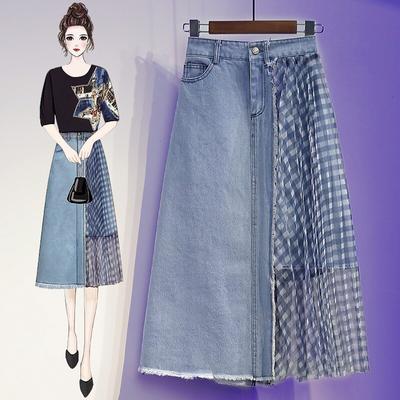 Mode Retro Lange Sommer Frühling Denim Röcke Mädchen Hohe Taille Taste Taschen Jeans Spleißen Mesh A-Linie Rock Denim röcke