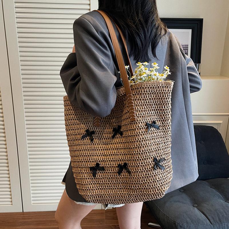 Yogodlns Summer Beach Large Capacity Tote Bag Women Shoulder Bag Handmade Woven Top-Handle Bags Raffia Boho Women Bag