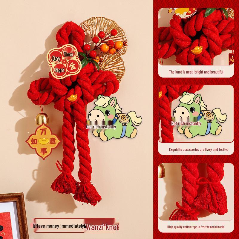 Dekorationen zum Chinesischen Neujahr: Anhänger mit Segen für das Jahr der Schlange, Knoten und Hakenkreuz-Ornamente für festliche Wohnzimmerdekoration