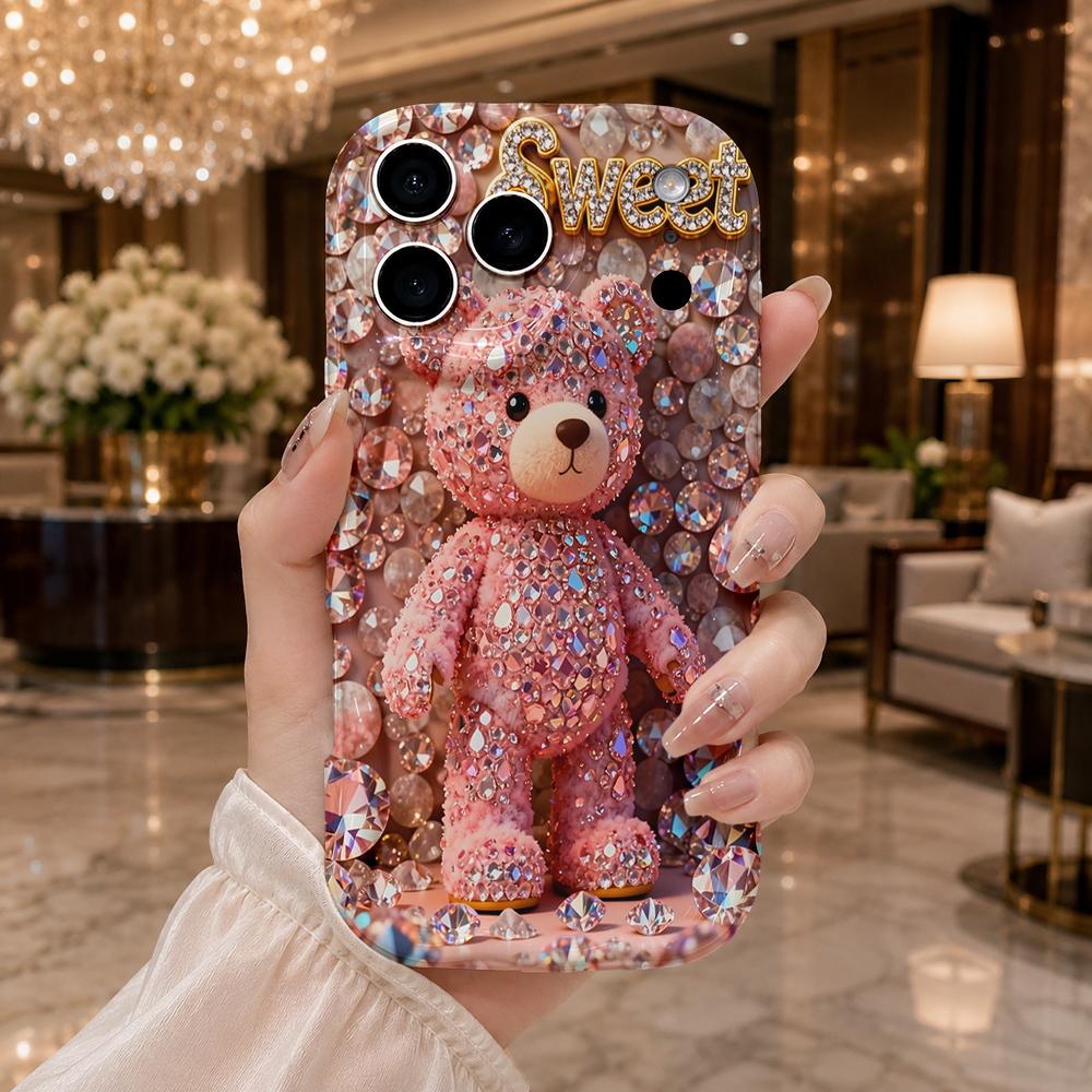 Full Rhinestone Pink Teddy Sweet Wavy Edge Phone Case For iPhone 17 16 15 14 13 12 11 8 7 Plus Pro Max Bling Bear Cover