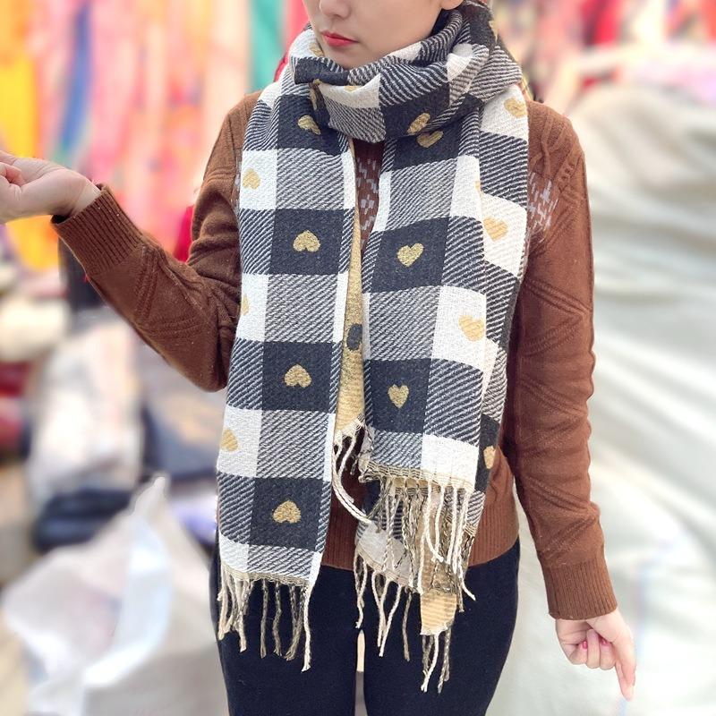 Autumn and winter scarves women's double-sided cashmere plaid love thickened high-end scarf versatile warm shawl factory