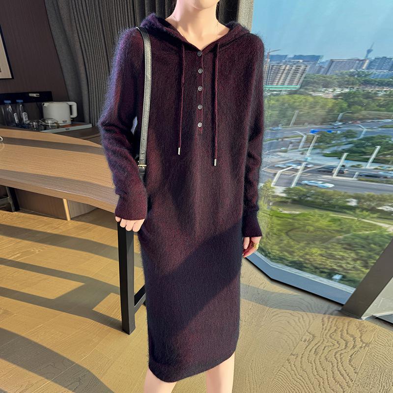 Versatile Hooded Knitted Dress - Autumn/Winter 2025: Slimming, Loose, Long Dress Shirt.