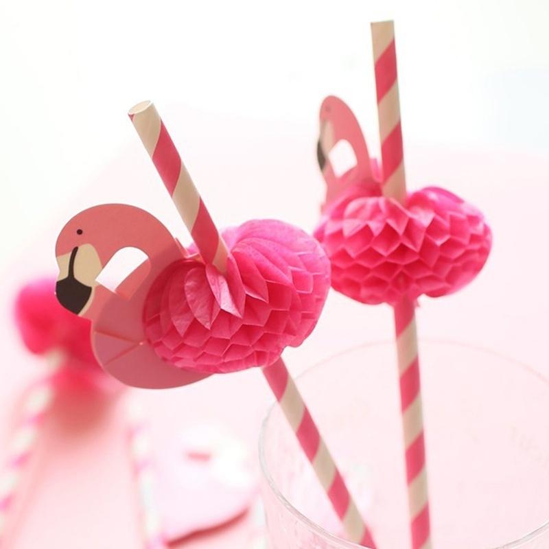 5Pcs Pink Flamingo Paper Straws Luau Tropical Beach Party Barware Favor