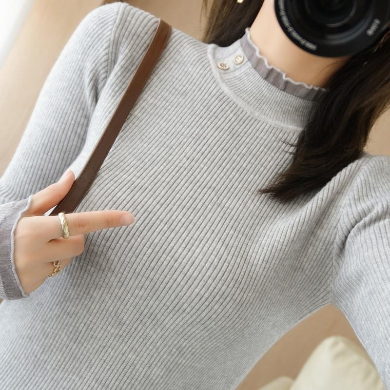Knitted Sweater Autumn and Winter New Semi High Neck Sweater Women's Pullover Long Sleeved Slim Button Top
