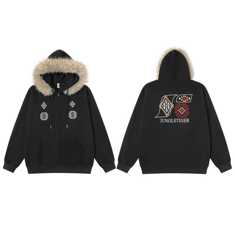 Jungle Tiger Ethnic Style Detachable Fur Collar Hooded Sweatshirt for Men and Women 2026 Spring New Jacket Couple Tops