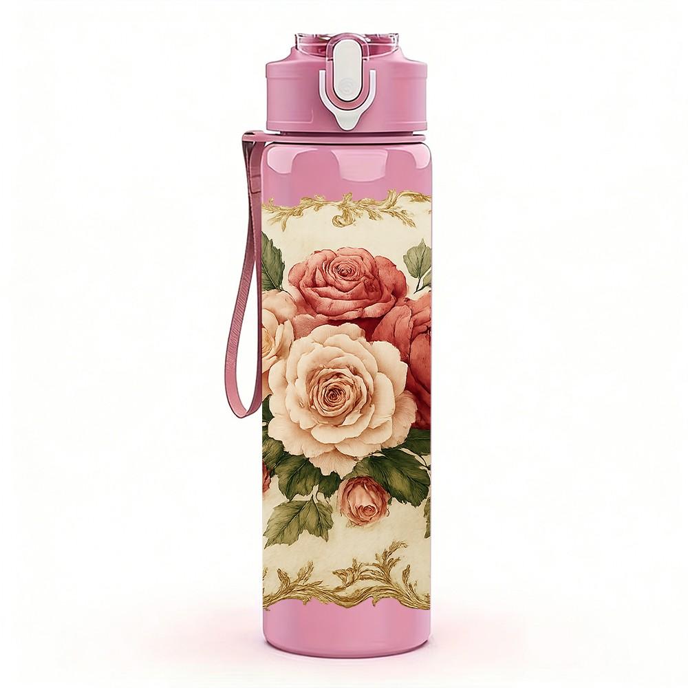 1PC Vintage Rose Floral Pillow 750ml Color Plastic Sports Water Bottle Leakproof Flip Straw Lid Suitable for Sports Office Home Use