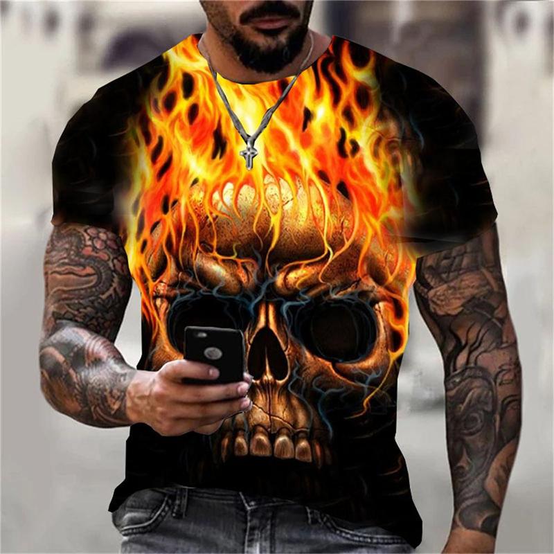 Summer Round Neck 3D Horror Skull Graphics Print Top Fashionable Casual Short Sleeved Men's T-shirts