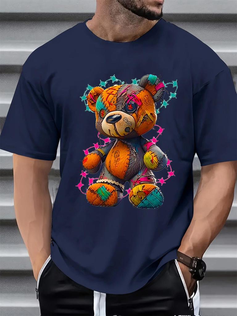 Men's Summer 100 Cotton Fashionable Casual Sports Loose Large Cartoon Teddy Bear Pattern Printed Round Neck Short Sleeve T-shirt