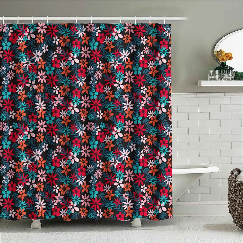 Lebhafter Blumendruck Duschvorhang Dekor Zuhause Bad Wasserdicht Stoff Dekoration Rosa Blau Rot Schwarz Weiß 60X72 Zoll (152Cm X 183
