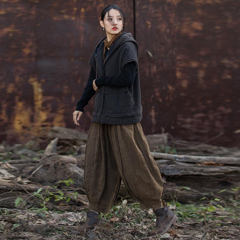 Женский зимний стеганый жилет: Утолщенный Хлопок Лен, Винтажный Художественный Стиль One Size