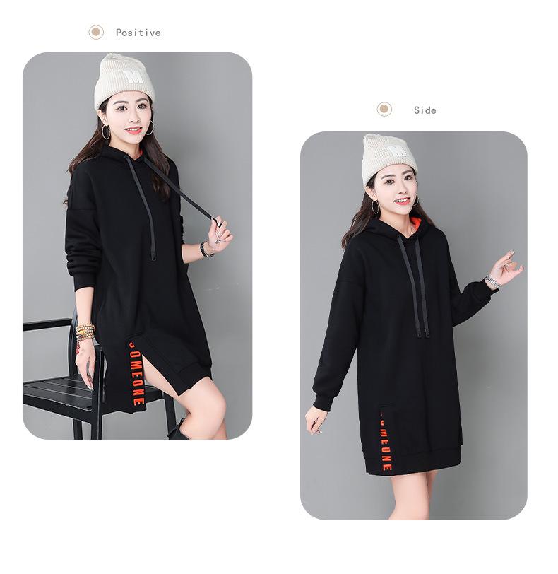 Women's Fleece-Lined Hooded Sweatshirt Dress, Contrasting Colors, Embroidered, Plus Size, Autumn/Winter 2025, Mid-Length, Thickened, Loose Fit.