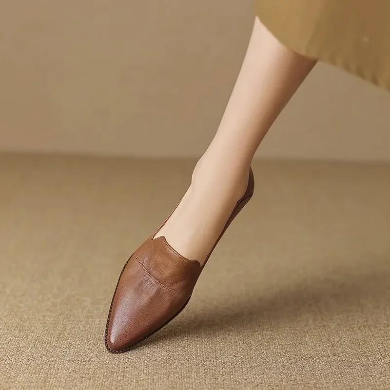 Fashion 2024 New Spring Women Shoes Pumps Pointed Toe Chunky Heel Comfortable All-match Casual Ladies Shoes Genuine Leather Retro Heels