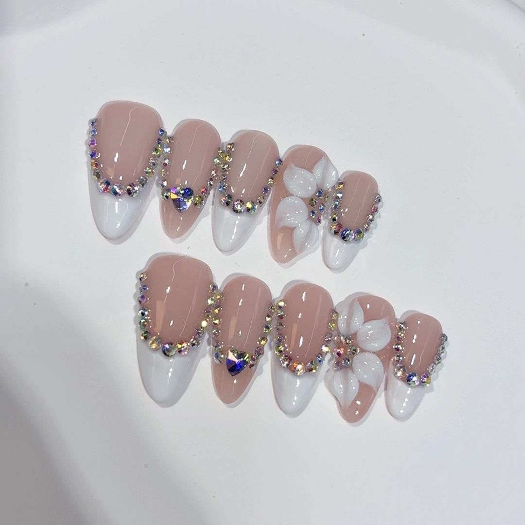 French Small Diamond Three-dimensional Carved Almond Nail Gentle Wind Hand-worn Nail Finished Fake Nail XS