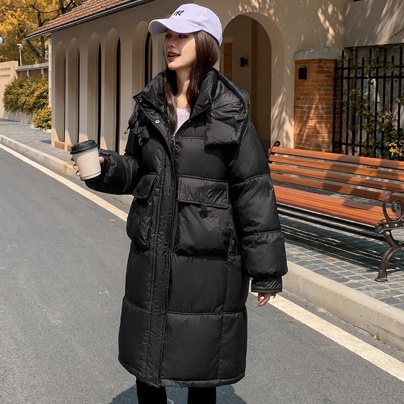 Neue Daunenbaumwollgepolsterte Kleidung für Damen, lockere und lange, verdickte, baumwollgepolsterte Jacken über dem Knie, Brotkleidung, baumwollgepolsterte Jacken