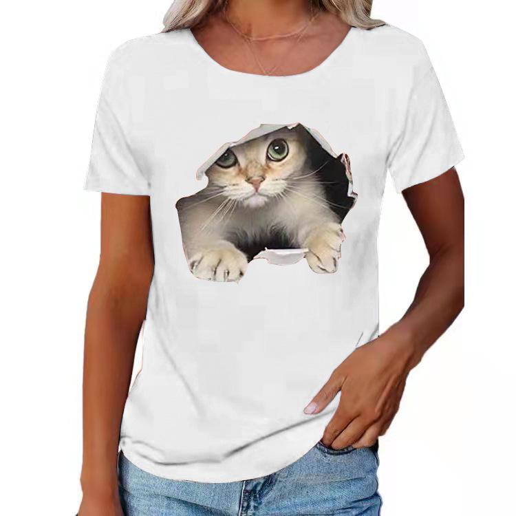 2024 Spring/Summer Women's Crew Neck Ripped Cat Graphic Loose Short Sleeve T-shirt.