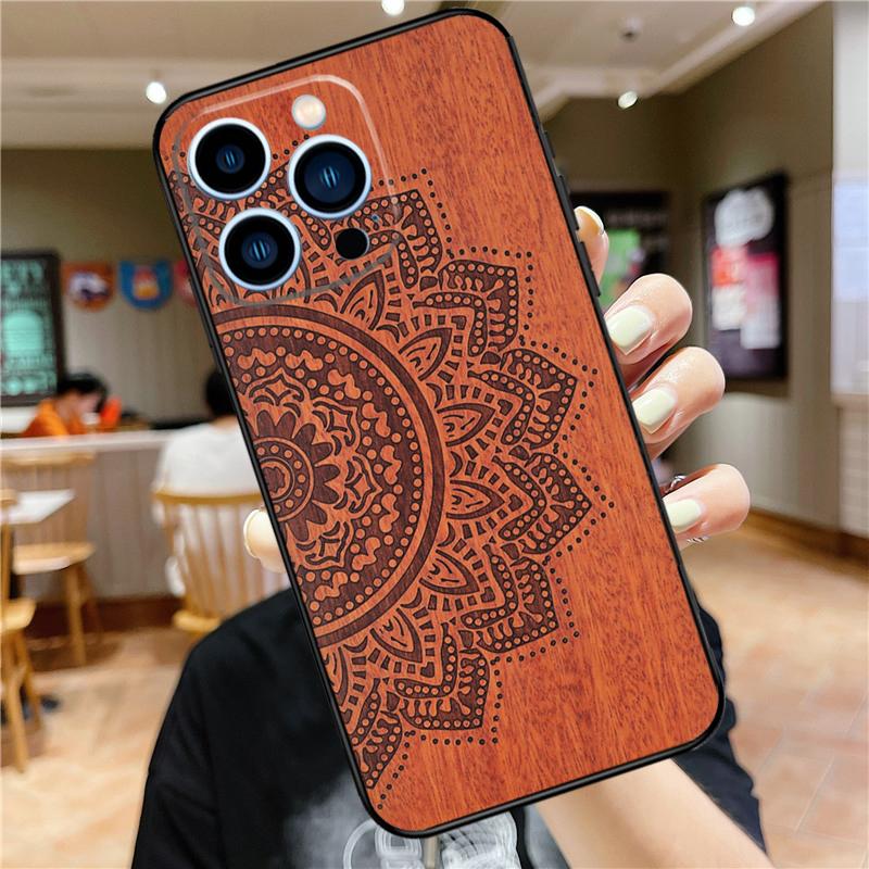 Mandala Wood Floral Case For iPhone 17 16 15 14 13 12 11 Pro Max Mini Plus 16e 17 Air Bumper Cover Accessories